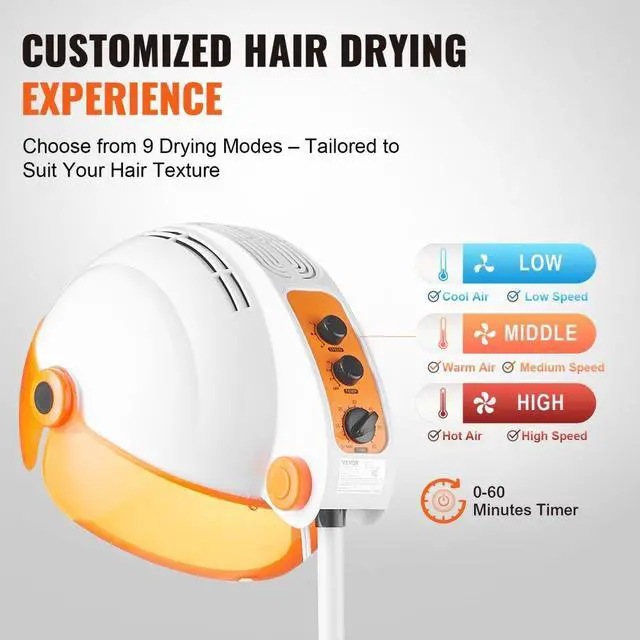 Alt view image 4 of 14 - VEVOR Professional Hooded Dryer, 1875W High-Power Bonnet Hair Dryer, Sit Under Hair Dryer with Timer, 3 Temp Settings & Wind Speed, Floor Standing Rolling Base with Wheels for Beauty Salon Home Spa