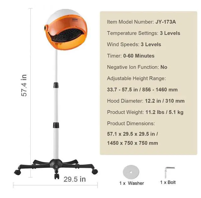 Alt view image 7 of 14 - VEVOR Professional Hooded Dryer, 1875W High-Power Bonnet Hair Dryer, Sit Under Hair Dryer with Timer, 3 Temp Settings & Wind Speed, Floor Standing Rolling Base with Wheels for Beauty Salon Home Spa