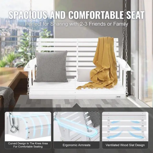 Alt view image 4 of 14 - VEVOR Wooden Porch Swing 4 ft, Patio bench swing for Courtyard & Garden, Upgraded 880 lbs Strong Load Capacity, Heavy Duty Swing Chair Bench with Hanging Chains for Outdoors, White