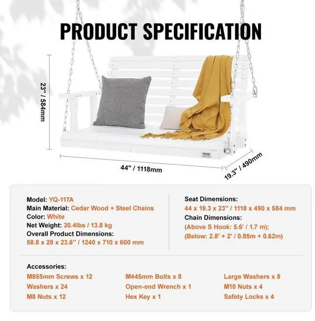 Alt view image 7 of 14 - VEVOR Wooden Porch Swing 4 ft, Patio bench swing for Courtyard & Garden, Upgraded 880 lbs Strong Load Capacity, Heavy Duty Swing Chair Bench with Hanging Chains for Outdoors, White