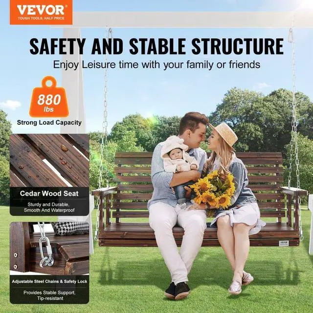 Alt view image 2 of 14 - VEVOR Wooden Porch Swing 4.5 ft, Patio bench swing for Courtyard & Garden, Upgraded 880 lbs Strong Load Capacity, Heavy Duty Swing Chair Bench with Hanging Chains for Outdoors, Carbonized Brown