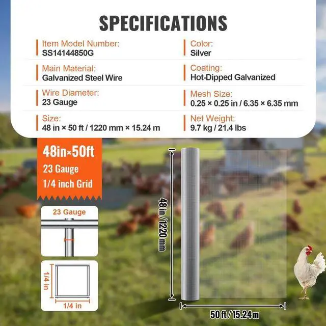 Alt view image 7 of 14 - VEVOR Hardware Cloth, 1/4 inch 48in x 50 ft 23 Gauge, Hot Dipped Galvanized Wire Mesh Roll, Chicken Wire Fencing, Wire Mesh for Rabbit Cages, Garden, Small Rodents