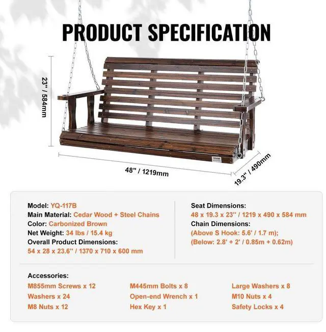 Alt view image 7 of 14 - VEVOR Wooden Porch Swing 4.5 ft, Patio bench swing for Courtyard & Garden, Upgraded 880 lbs Strong Load Capacity, Heavy Duty Swing Chair Bench with Hanging Chains for Outdoors, Carbonized Brown
