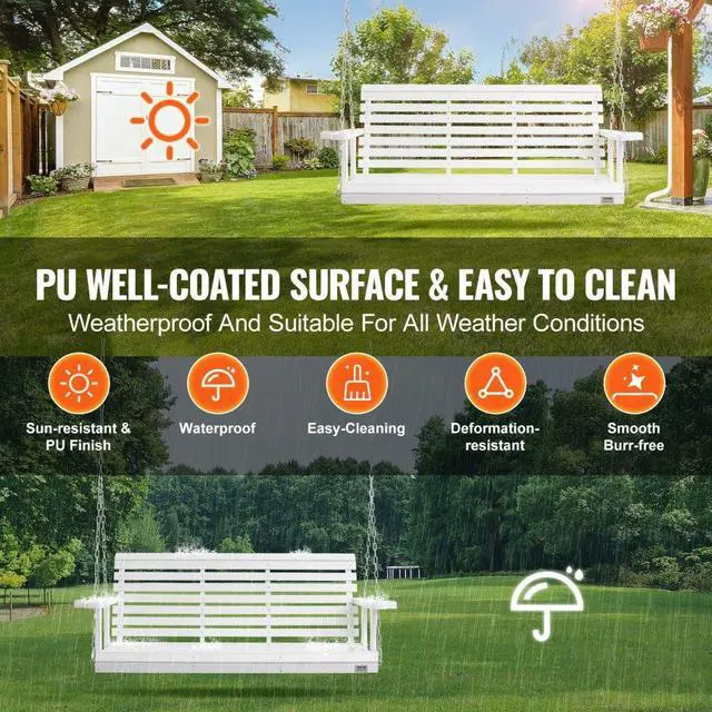 Alt view image 3 of 14 - VEVOR Wooden Porch Swing 5.5 ft, Patio bench swing for Courtyard & Garden, Upgraded 880 lbs Strong Load Capacity, Heavy Duty Swing Chair Bench with Hanging Chains for Outdoors, White