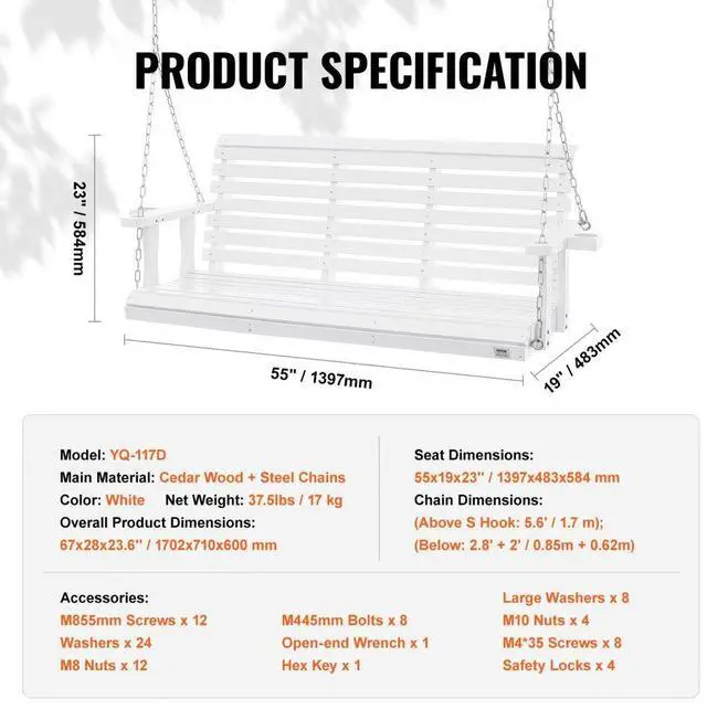 Alt view image 7 of 14 - VEVOR Wooden Porch Swing 5.5 ft, Patio bench swing for Courtyard & Garden, Upgraded 880 lbs Strong Load Capacity, Heavy Duty Swing Chair Bench with Hanging Chains for Outdoors, White