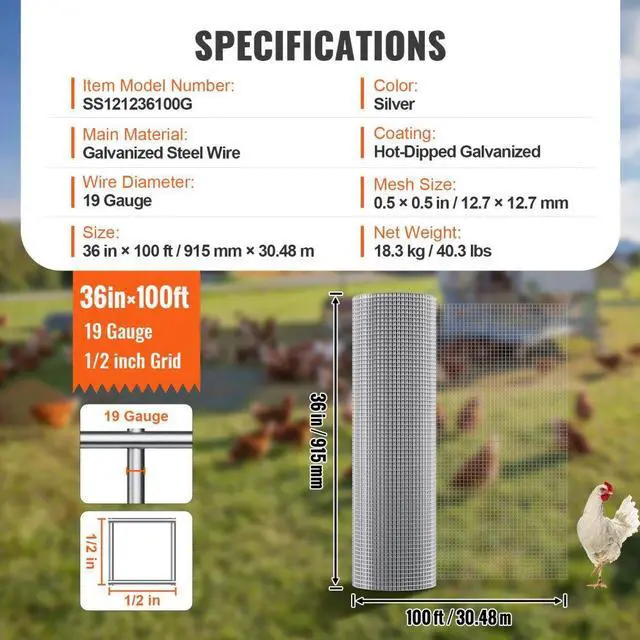 Alt view image 7 of 7 - VEVOR Hardware Cloth, 1/2 inch 36in x 100 ft 19 Gauge, Hot Dipped Galvanized Wire Mesh Roll, Chicken Wire Fencing, Wire Mesh for Rabbit Cages, Garden, Small Rodents