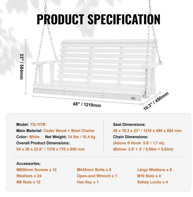 Alt view image 7 of 14 - VEVOR Wooden Porch Swing 4.5 ft, Patio bench swing for Courtyard & Garden, Upgraded 880 lbs Strong Load Capacity, Heavy Duty Swing Chair Bench with Hanging Chains for Outdoors, White