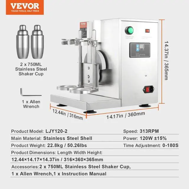 Alt view image 7 of 7 - VEVOR  Milkshake Maker Machine, 120W Commercial Milk Tea Shaker Machine, Double Head Milk Shake Mixer Machine, 0-180s Adjustable Milkshake Blender, with 750 ml Stainless Steel Cup, for Milk Tea Store