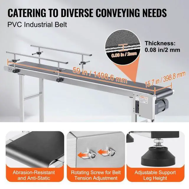 Alt view image 3 of 7 - VEVOR  Belt Conveyor, 59 x 15.7 inch Conveyor Table, Heavy Duty Stainless Steel Motorized Belt Conveyor for Inkjet Coding Applications Powered PVC Belt Anti-Static Adjustable Speed (Double Guardrail)