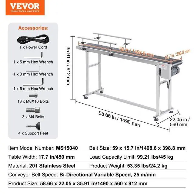 Alt view image 7 of 7 - VEVOR  Belt Conveyor, 59 x 15.7 inch Conveyor Table, Heavy Duty Stainless Steel Motorized Belt Conveyor for Inkjet Coding Applications Powered PVC Belt Anti-Static Adjustable Speed (Double Guardrail)