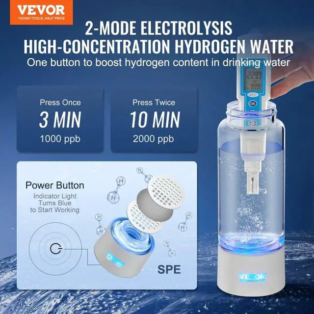 Alt view image 2 of 7 - VEVOR Hydrogen Water Bottle Generator, 380 ml / 13.4 oz Capacity Portable Hydrogen Water Maker, SPE Technology Hydrogen Rich Water Ionizer Machine with Nasal Inhalation Tube and Self-Cleaning