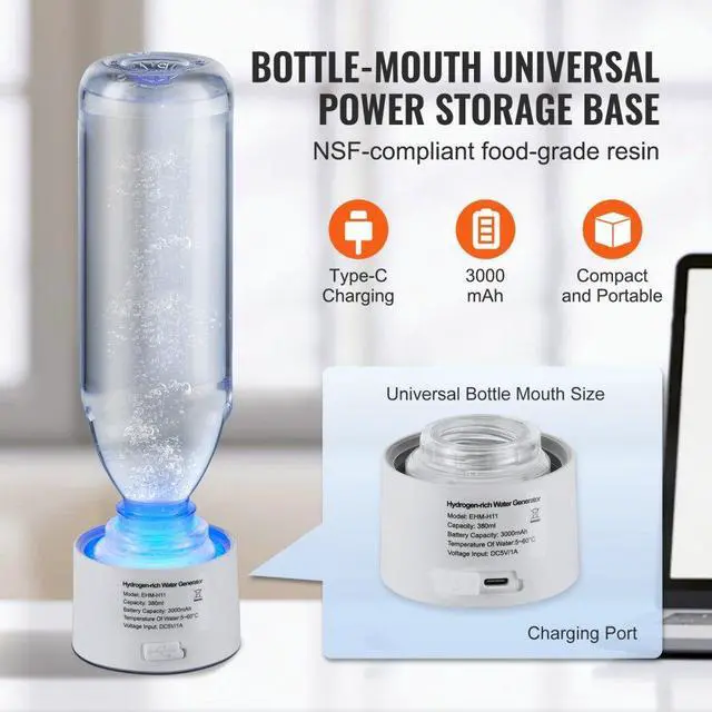 Alt view image 3 of 7 - VEVOR Hydrogen Water Bottle Generator, 380 ml / 13.4 oz Capacity Portable Hydrogen Water Maker, SPE Technology Hydrogen Rich Water Ionizer Machine with Nasal Inhalation Tube and Self-Cleaning