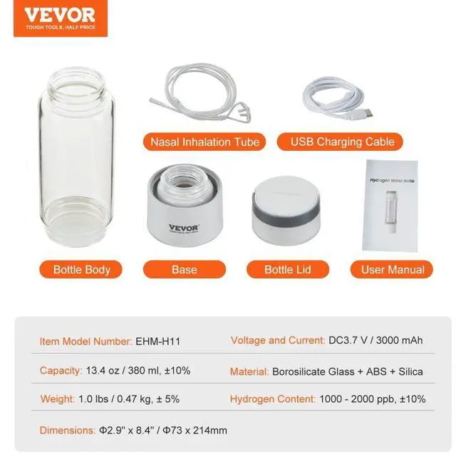 Alt view image 7 of 7 - VEVOR Hydrogen Water Bottle Generator, 380 ml / 13.4 oz Capacity Portable Hydrogen Water Maker, SPE Technology Hydrogen Rich Water Ionizer Machine with Nasal Inhalation Tube and Self-Cleaning