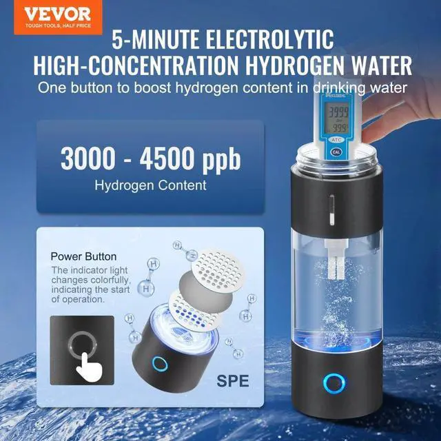Alt view image 2 of 7 - VEVOR Hydrogen Water Bottle Generator, 230 ml / 8.1 oz Capacity Portable Hydrogen Water Maker, SPE Technology Hydrogen Rich Water Ionizer Machine with Nasal Inhalation Tube and Self-Cleaning