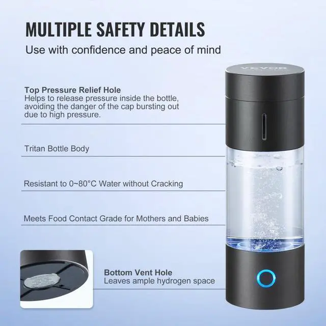 Alt view image 5 of 7 - VEVOR Hydrogen Water Bottle Generator, 230 ml / 8.1 oz Capacity Portable Hydrogen Water Maker, SPE Technology Hydrogen Rich Water Ionizer Machine with Nasal Inhalation Tube and Self-Cleaning