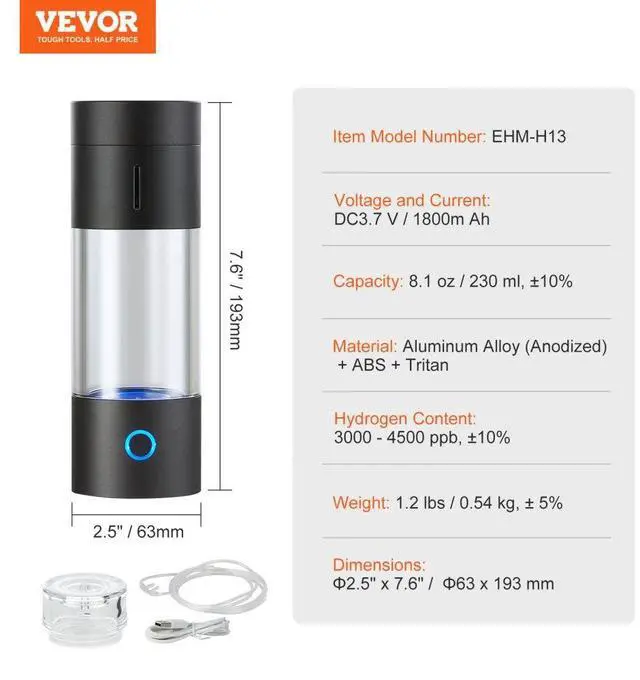 Alt view image 7 of 7 - VEVOR Hydrogen Water Bottle Generator, 230 ml / 8.1 oz Capacity Portable Hydrogen Water Maker, SPE Technology Hydrogen Rich Water Ionizer Machine with Nasal Inhalation Tube and Self-Cleaning
