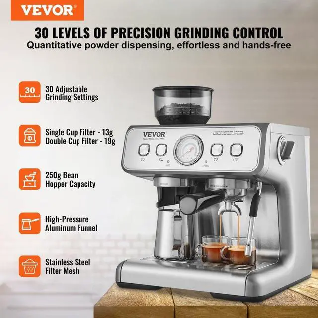 Alt view image 2 of 7 - VEVOR  Espresso Machine with Grinder, 15 Bar Semi-Automatic Espresso Coffee Maker with Milk Frother Steam Wand, Removable Water Tank & Pressure Gauge for Cappuccino, Latte, Machiato, PID Control Syst