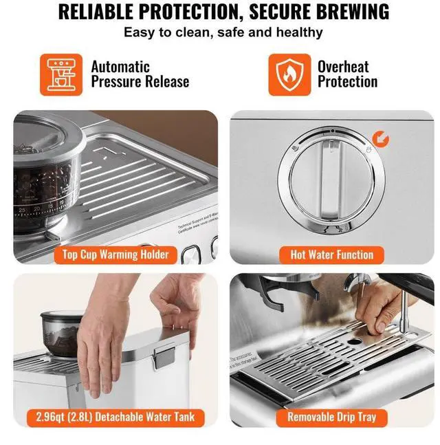 Alt view image 6 of 7 - VEVOR  Espresso Machine with Grinder, 15 Bar Semi-Automatic Espresso Coffee Maker with Milk Frother Steam Wand, Removable Water Tank & Pressure Gauge for Cappuccino, Latte, Machiato, PID Control Syst