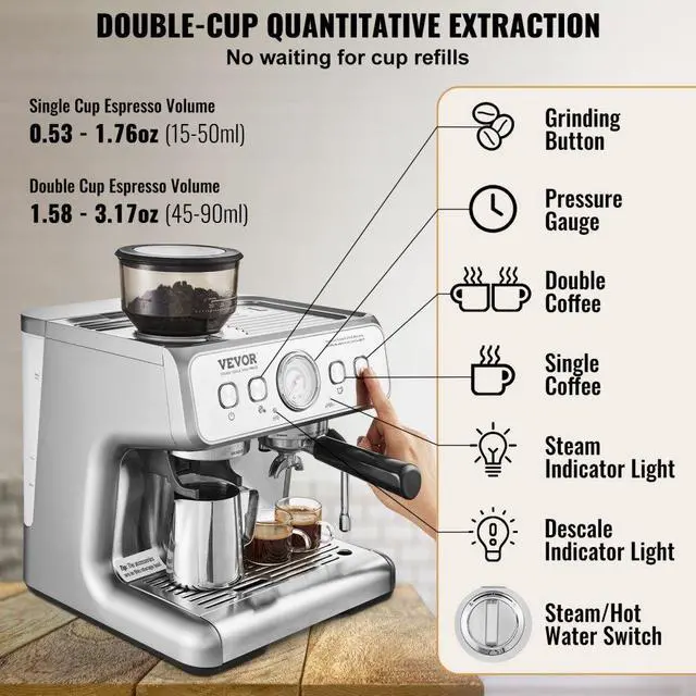 Alt view image 5 of 7 - VEVOR  Espresso Machine with Grinder, 15 Bar Semi-Automatic Espresso Coffee Maker with Milk Frother Steam Wand, Removable Water Tank & Pressure Gauge for Cappuccino, Latte, Machiato, PID Control Syst