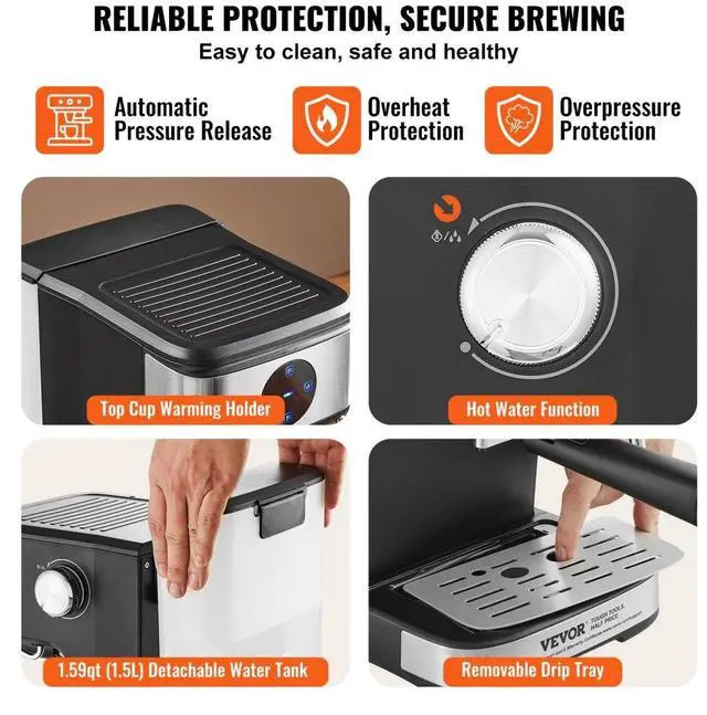 Alt view image 13 of 14 - Espresso Machine, 15 Bar Coffee and Espresso Maker with Milk Frother Steam Wand, Professional Semi-Automatic Cappuccino Latte Machine with Touch Screen & Removable Water Tank, NTC Control System