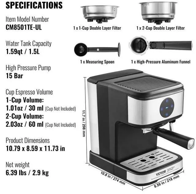 Alt view image 14 of 14 - Espresso Machine, 15 Bar Coffee and Espresso Maker with Milk Frother Steam Wand, Professional Semi-Automatic Cappuccino Latte Machine with Touch Screen & Removable Water Tank, NTC Control System