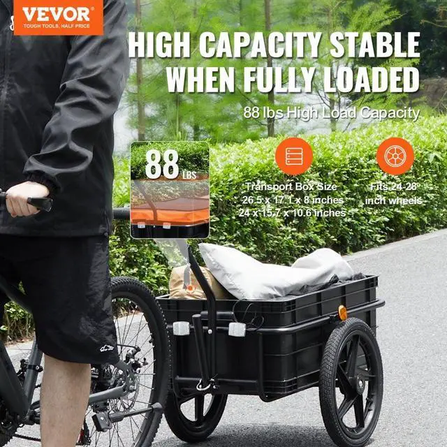 Alt view image 2 of 7 - VEVOR Bike Cargo Trailer, 88 lbs Load Capacity, Heavy-Duty Bicycle Wagon Cart, Foldable Compact Storage with Universal Hitch, Waterproof Cover, 16" Wheels, Safe Reflectors, Fits 24"-28" Bike Wheels
