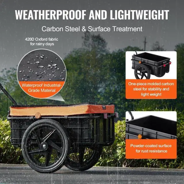Alt view image 3 of 7 - VEVOR Bike Cargo Trailer, 88 lbs Load Capacity, Heavy-Duty Bicycle Wagon Cart, Foldable Compact Storage with Universal Hitch, Waterproof Cover, 16" Wheels, Safe Reflectors, Fits 24"-28" Bike Wheels