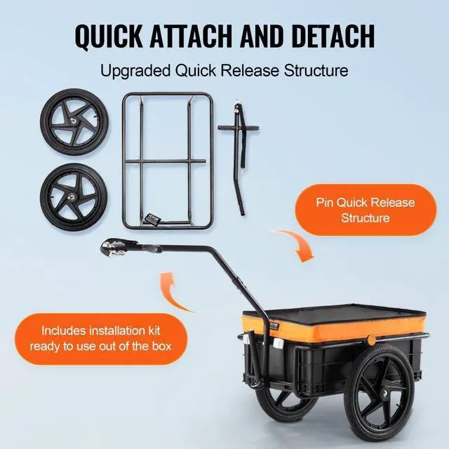 Alt view image 5 of 7 - VEVOR Bike Cargo Trailer, 88 lbs Load Capacity, Heavy-Duty Bicycle Wagon Cart, Foldable Compact Storage with Universal Hitch, Waterproof Cover, 16" Wheels, Safe Reflectors, Fits 24"-28" Bike Wheels