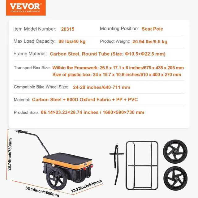 Alt view image 7 of 7 - VEVOR Bike Cargo Trailer, 88 lbs Load Capacity, Heavy-Duty Bicycle Wagon Cart, Foldable Compact Storage with Universal Hitch, Waterproof Cover, 16" Wheels, Safe Reflectors, Fits 24"-28" Bike Wheels