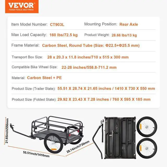 Alt view image 7 of 7 - VEVOR Bike Cargo Trailer, 160 lbs Load Capacity, Heavy-Duty Bicycle Wagon Cart, Foldable Compact Storage & Quick Release with Universal Hitch, 16" Wheels, Safe Reflectors, Fits 22"-28" Bike Wheels