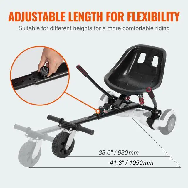 Alt view image 4 of 7 - VEVOR Hoverboard Seat Attachment, for 6.5" 8" 8.5" 10" Hoverboards, Dual Shock Absorption System, Grips Control, Adjustable Length 270 LBS load Capacity, Hover Board Buggy Attachment, for Kids Adults