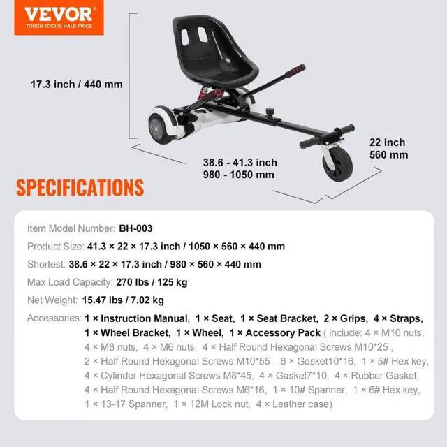 Alt view image 7 of 7 - VEVOR Hoverboard Seat Attachment, for 6.5" 8" 8.5" 10" Hoverboards, Dual Shock Absorption System, Grips Control, Adjustable Length 270 LBS load Capacity, Hover Board Buggy Attachment, for Kids Adults