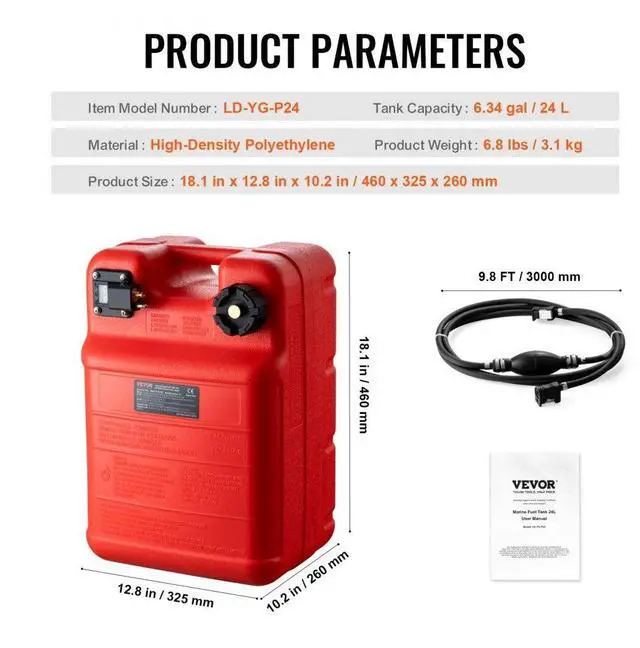 Alt view image 7 of 7 - VEVOR Marine Fuel Tank, 6.34 Gallon/24L, Portable Boat Fuel Gas Tank for Outboard Engine Boats, Plastic Outboard Marine Boat Fuel Tank with Hose, Easy to Carry for Yacht, Fishing Boat, Deck Boat, Red