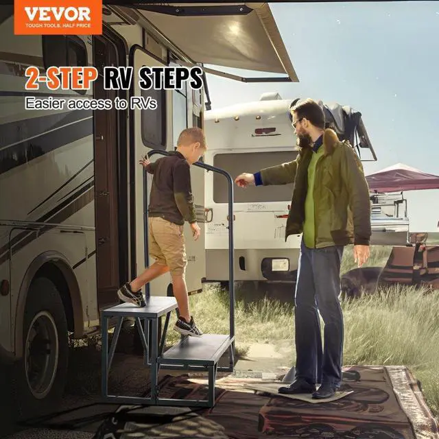 Alt view image 2 of 14 - VEVOR RV Steps, 2-Step RV Stairs, 440 LBS Load Capacity, Thickened Carbon Steel, With Handrail, Non-Slip Steps for Safe Entry and Exit, Suit for RV, Trailer, Camper Steps