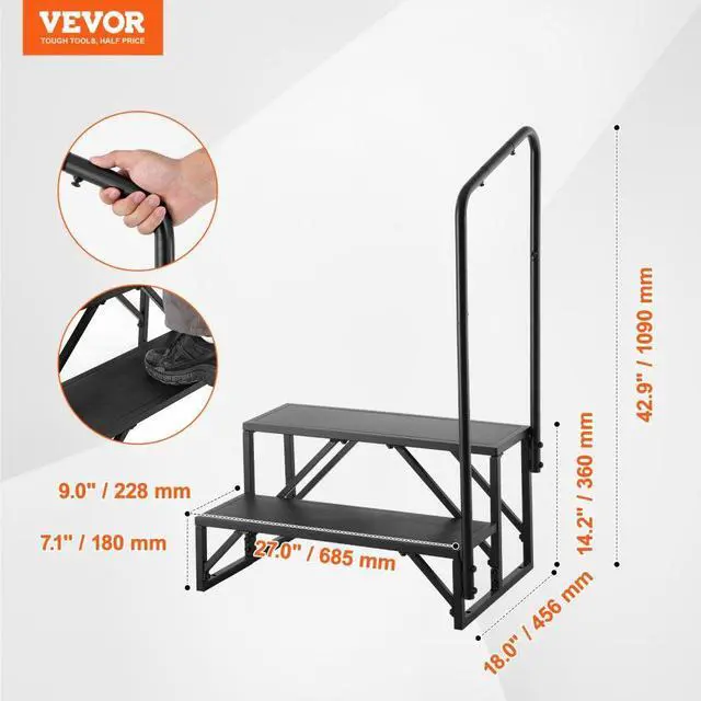 Alt view image 7 of 14 - VEVOR RV Steps, 2-Step RV Stairs, 440 LBS Load Capacity, Thickened Carbon Steel, With Handrail, Non-Slip Steps for Safe Entry and Exit, Suit for RV, Trailer, Camper Steps