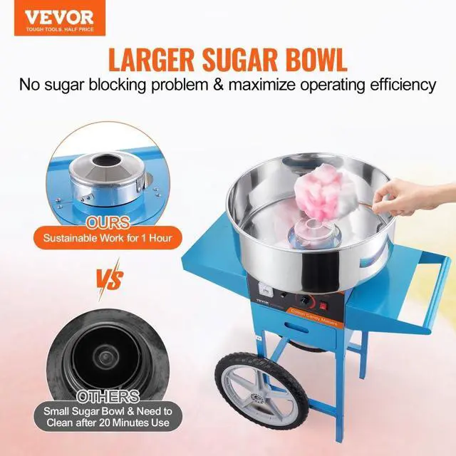 Alt view image 2 of 14 - VEVOR  Electric Cotton Candy Machine with Cart, 1000W Commercial Candy Floss Maker with Stainless Steel Bowl, Sugar Scoop and Drawer, Perfect for Home, Kids Birthday, Family Party, Blue