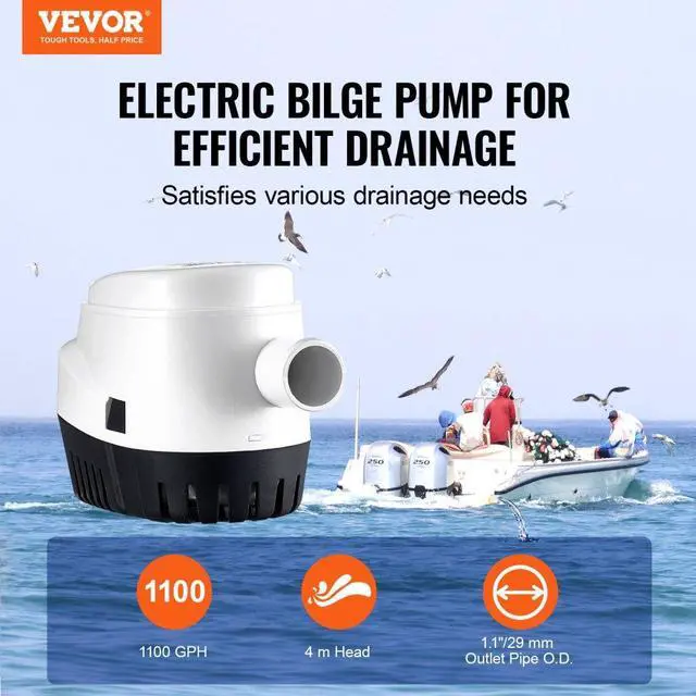 Alt view image 2 of 7 - VEVOR Bilge Pump, 1100GPH 12V Automatic Submersible Boat Bilge Water Pump with Float Switch, 1.1" Outlet Diameter, Small Boat Bilge Pump, Marine Electric Bilge Pump for Boats, Ponds, Pools, Basements