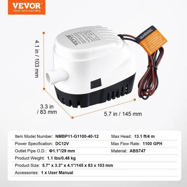 Alt view image 7 of 7 - VEVOR Bilge Pump, 1100GPH 12V Automatic Submersible Boat Bilge Water Pump with Float Switch, 1.1" Outlet Diameter, Small Boat Bilge Pump, Marine Electric Bilge Pump for Boats, Ponds, Pools, Basements