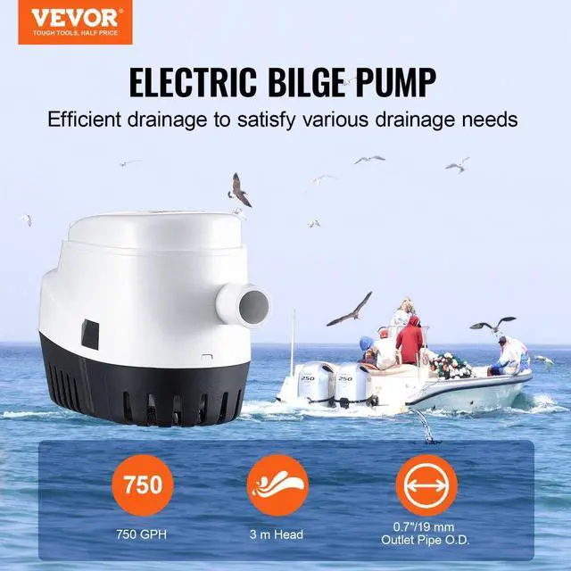Alt view image 2 of 7 - VEVOR Bilge Pump, 750GPH 12V Automatic Submersible Boat Bilge Water Pump with Float Switch, 0.7" Outlet Diameter, Small Boat Bilge Pump, Marine Electric Bilge Pump for Boats, Ponds, Pools, Basements