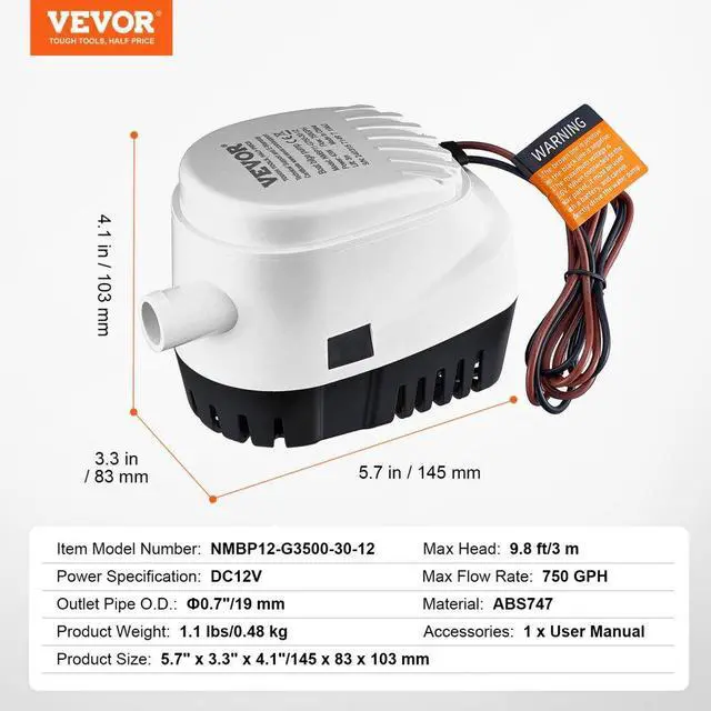 Alt view image 7 of 7 - VEVOR Bilge Pump, 750GPH 12V Automatic Submersible Boat Bilge Water Pump with Float Switch, 0.7" Outlet Diameter, Small Boat Bilge Pump, Marine Electric Bilge Pump for Boats, Ponds, Pools, Basements
