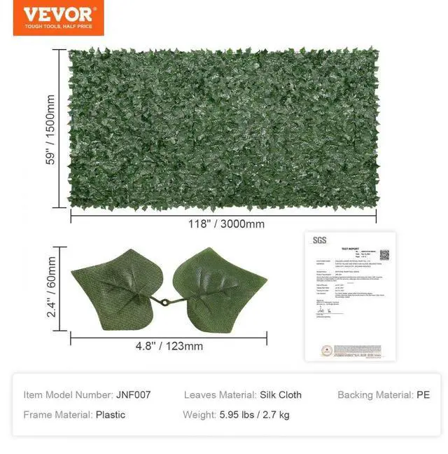 Alt view image 7 of 7 - VEVOR Privacy Ivy Fence, 59 x 118in Artificial Green Wall Screen, Greenery Ivy Fence with Mesh Cloth Backing and Strengthened Joint, Faux Hedges Vine Leaf Decoration for Outdoor Garden, Yard, Balcony