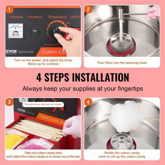 Alt view image 5 of 7 - VEVOR  Electric Cotton Candy Machine, 1000W Candy Floss Maker, Commercial Cotton Candy Machine with Stainless Steel Bowl, Sugar Scoop, and Drawer, Perfect for Home Kids Birthday, Family Party, Red