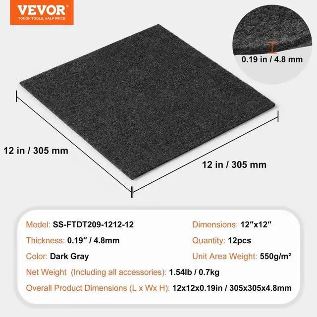Alt view image 7 of 7 - VEVOR Carpet Tiles Peel and Stick, 12 x 12 Squares Self Adhesive Carpet Floor Tile, Soft Padded Carpet Tiles, Easy Install DIY for Bedroom Living Room Indoor Outdoor (12 Tiles, Dark Gray)
