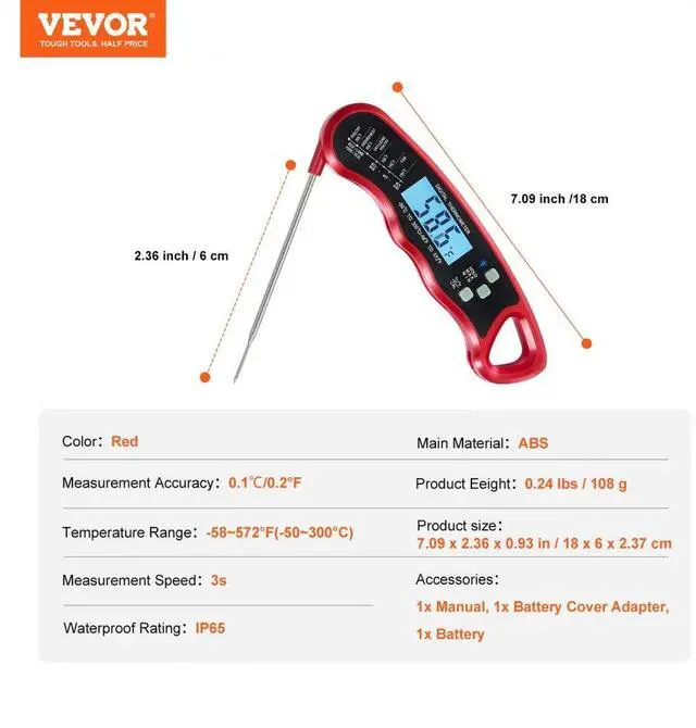 Alt view image 7 of 7 - VEVOR Grillers Instant Read Meat Thermometer for Grill and Cooking, Best Waterproof Ultra Fast Thermometer with Backlight & Calibration, Digital Food Probe for Kitchen, Outdoor Grilling and BBQ