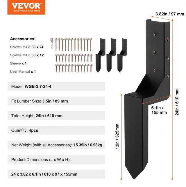 Alt view image 7 of 7 - VEVOR Fence Post Anchor Repair Kit, 4 Pack Inner Diameter 3.5 x3.5 Inches Heavy Duty Steel Fence Post Support Stakes, Anchor Ground Spike for Repair Tilted, Broken Wood Fence Post, Enveloping