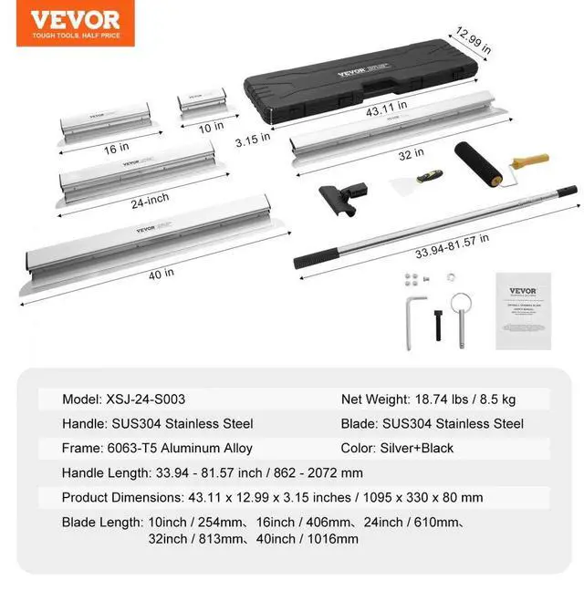 Alt view image 7 of 7 - VEVOR Drywall Skimming Blade Set, 10/16/24/32/40 in Skimming Blades + 34-81.6 in Extension Handle Pole, Stainless Steel Knife Professional Skim Coat Tools, for Gyprock/WallBoard/Plasterboard