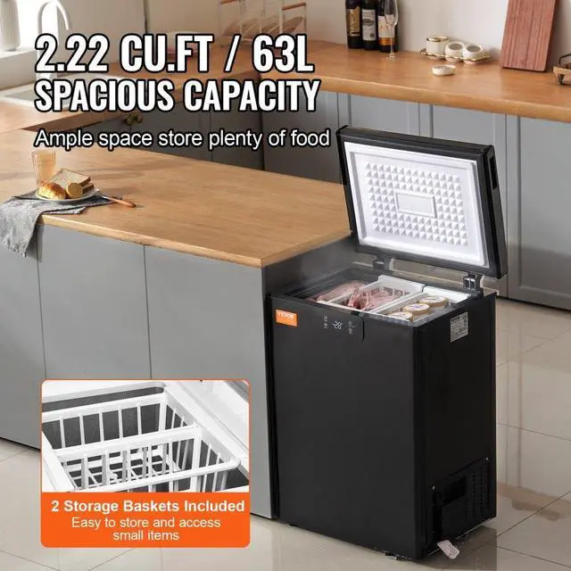 Alt view image 4 of 15 - VEVOR Chest Freezer, 2.22 Cu.ft / 63 L Compact Deep Freezer, Free Standing Top Open Door Chest Freezers with 2 Removable Baskets & Adjustable Thermostat, Energy Saving & Low Noise, Black