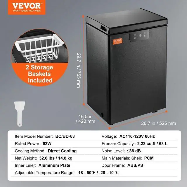 Alt view image 8 of 15 - VEVOR Chest Freezer, 2.22 Cu.ft / 63 L Compact Deep Freezer, Free Standing Top Open Door Chest Freezers with 2 Removable Baskets & Adjustable Thermostat, Energy Saving & Low Noise, Black