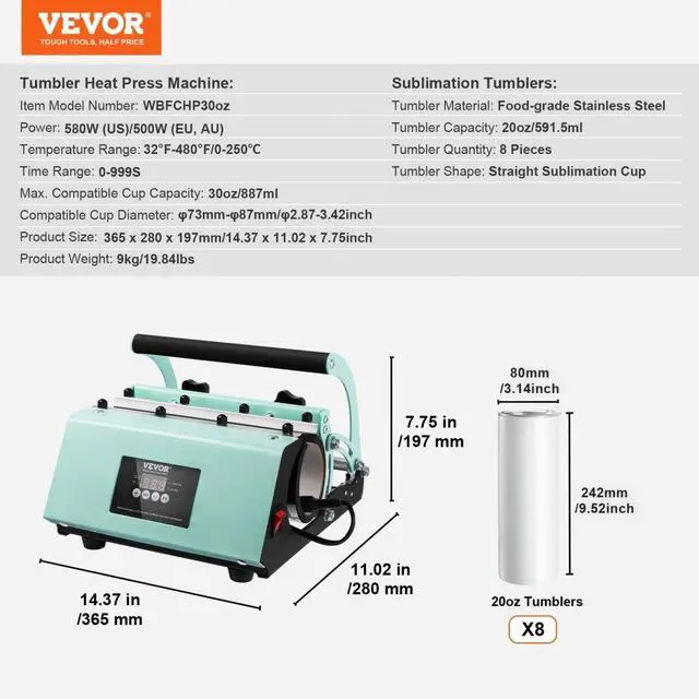 Alt view image 7 of 7 - VEVOR Tumbler Heat Press Machine and Sublimation Tumblers, Tumbler Press Set with 8pcs 20OZ Blank Tumblers, Mug Press Cup Press for 11-30oz Tumblers Mug, with Heat Transfer Paper, Gloves, Tape