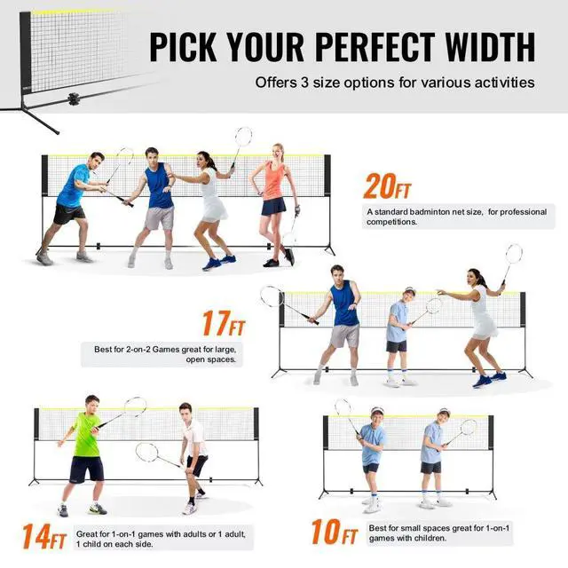 Alt view image 3 of 7 - VEVOR Badminton Net, Height Adjustable Volleyball Net, 20ft Wide Foldable Pickleball Net, Portable Tennis Net Set with Poles, Stand, Bag, Rackets, Nylon Shuttlecocks, Kid Backyard Indoor Outdoor Use